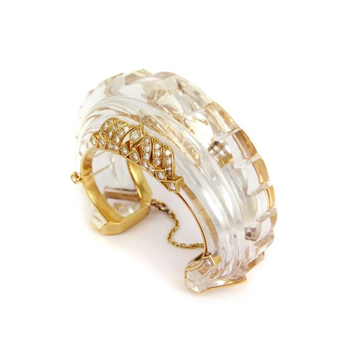 Carved rock crystal, diamond and gold architectural bangle | MasterArt